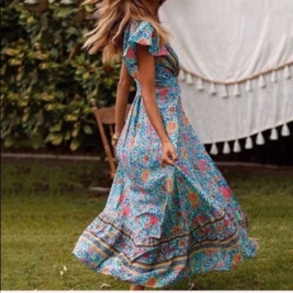 Boho Floral Print true wrap Maxi Dress v neck teal - Picture 3 of 4